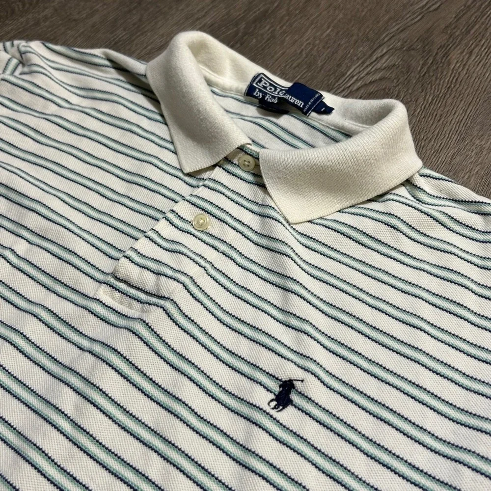 Polo Ralph Lauren Polo Shirt Large White Green Striped Short Sleeve Pique Cotton